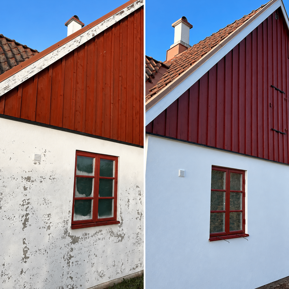 Före och efter gavel med röd panel och nyputsad ljus sockel