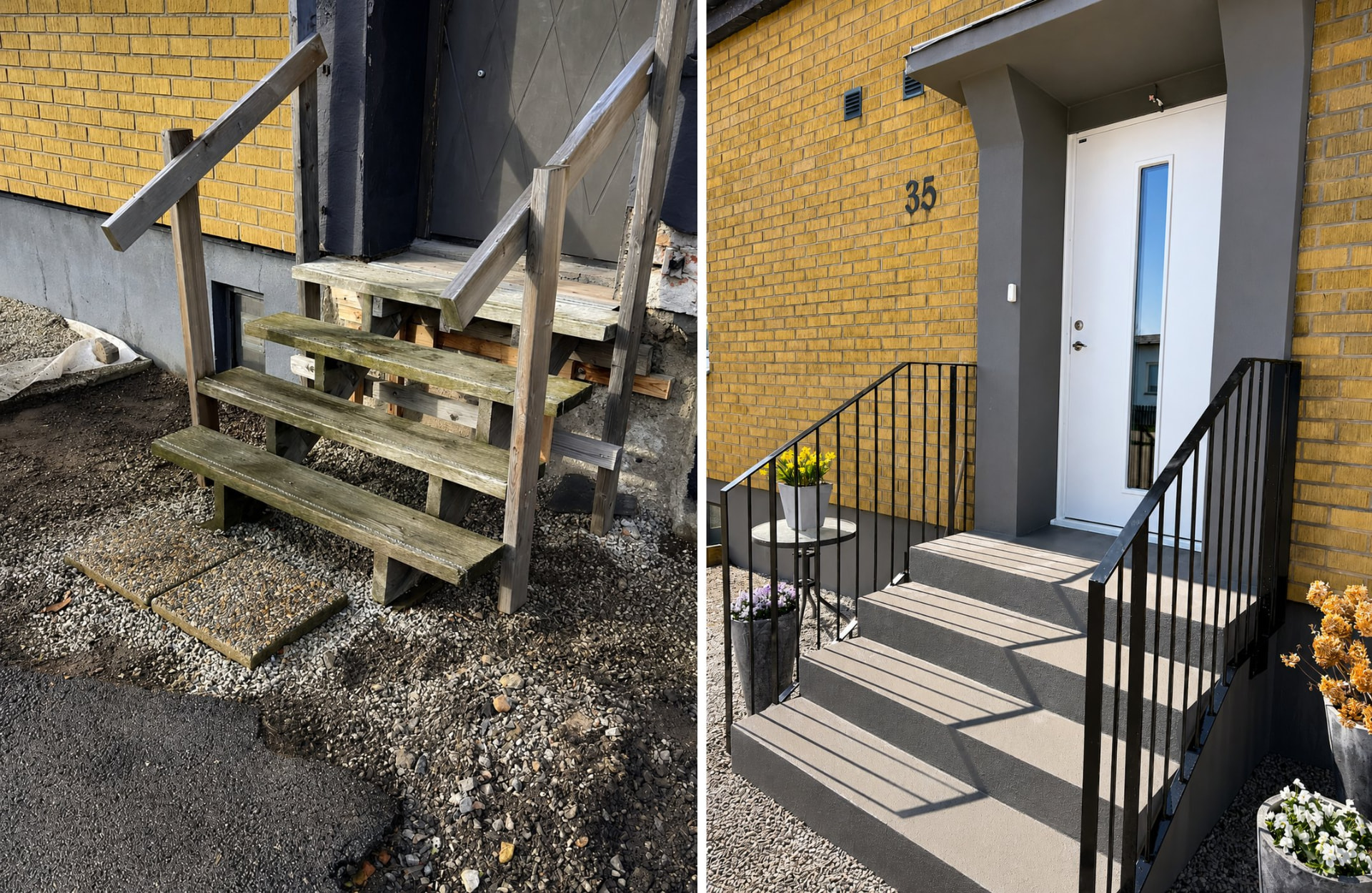 Före och efter trapprenovering där sliten trätrappa ersatts med gjuten betongtrappa i Landskrona